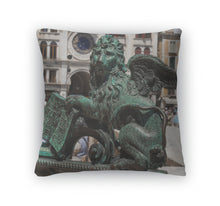 Load image into Gallery viewer, Throw Pillow, Bronze Winged Lion Statue Torre Dellorologio Building St Marks Square Venice