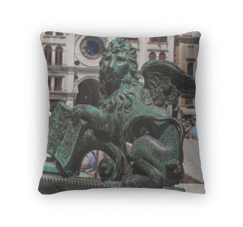 Throw Pillow, Bronze Winged Lion Statue Torre Dellorologio Building St Marks Square Venice