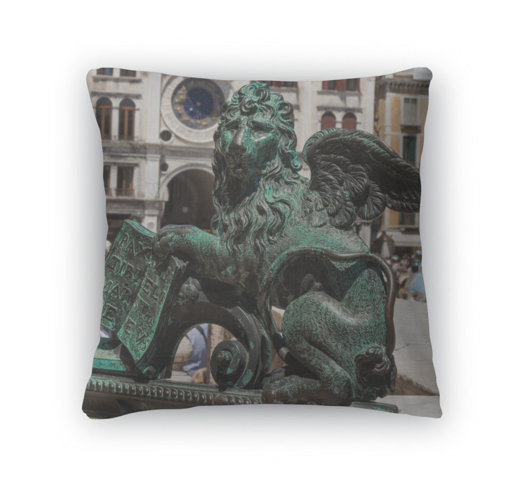 Throw Pillow, Bronze Winged Lion Statue Torre Dellorologio Building St Marks Square Venice