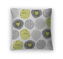 Load image into Gallery viewer, Throw Pillow, Delicate Floral Gray Green Retro Pattern With Hearts On Patterned Circles On