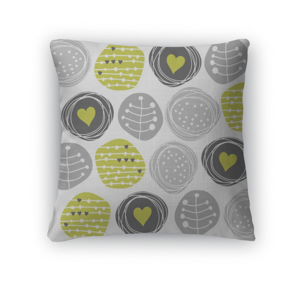 Throw Pillow, Delicate Floral Gray Green Retro Pattern With Hearts On Patterned Circles On
