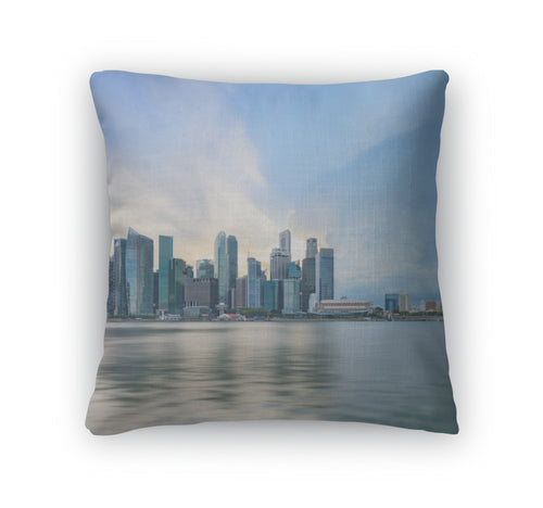 Throw Pillow, Singapore Central Quay Water Foreground Modern City Architecture Sunset