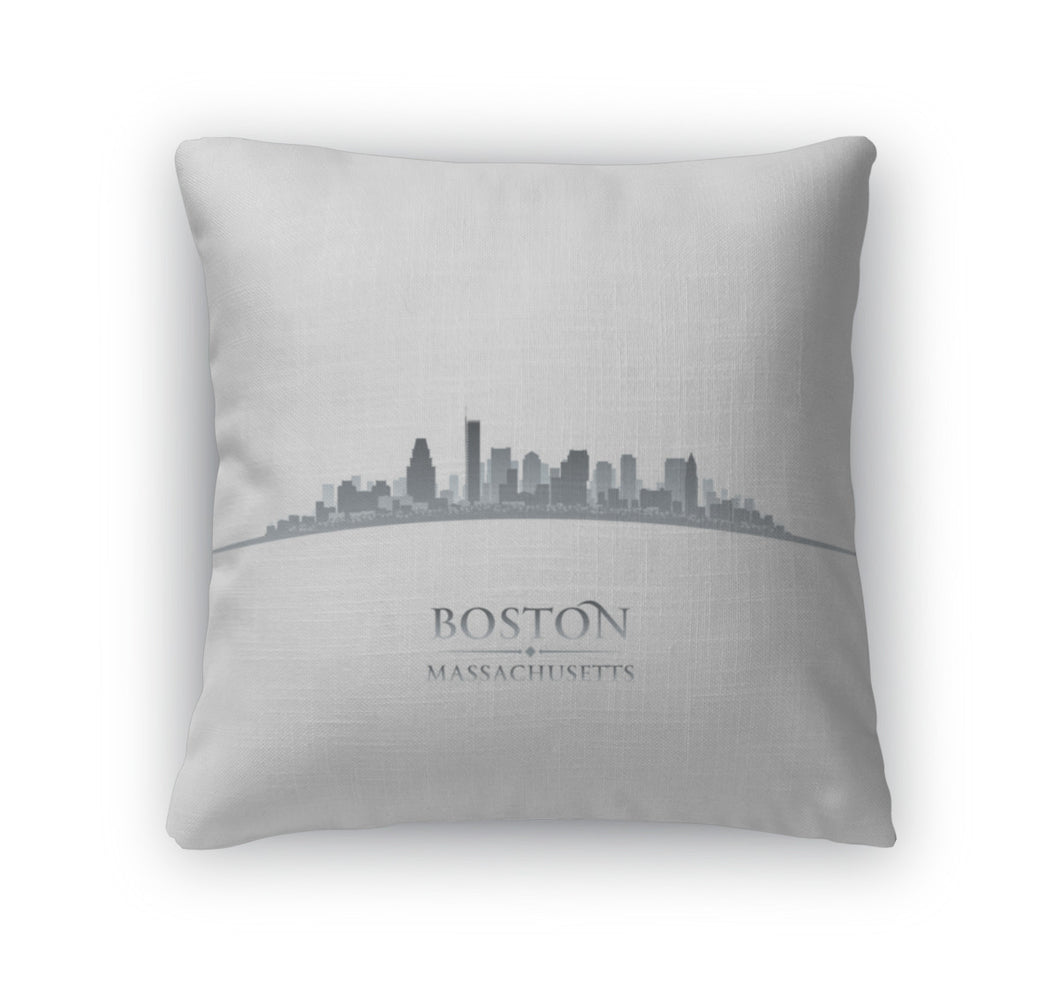 Throw Pillow, Boston Massachusetts City Skyline Silhouette White