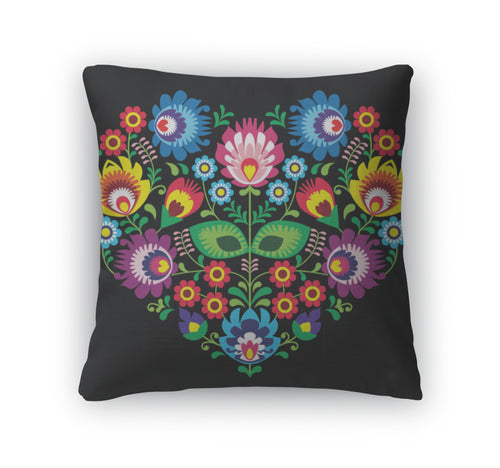 Throw Pillow, Polish Slavic Folk Art Art Heart With Flowers On Black Wzory Lowickie Wycinanka
