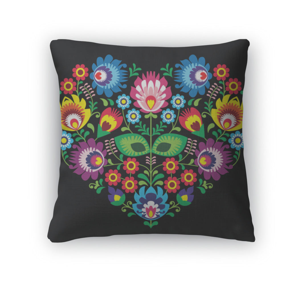 Throw Pillow, Polish Slavic Folk Art Art Heart With Flowers On Black Wzory Lowickie Wycinanka