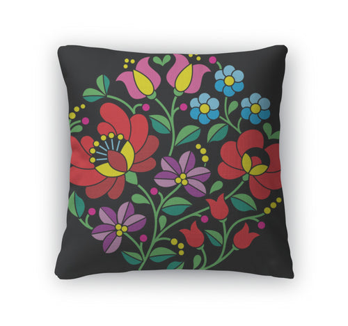 Throw Pillow, Kalocsai Embroidery Hungarian Round Floral Folk Pattern On Black