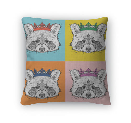 Throw Pillow, Portrait Of Raccoon With The Crown Pop Art Style Illustration