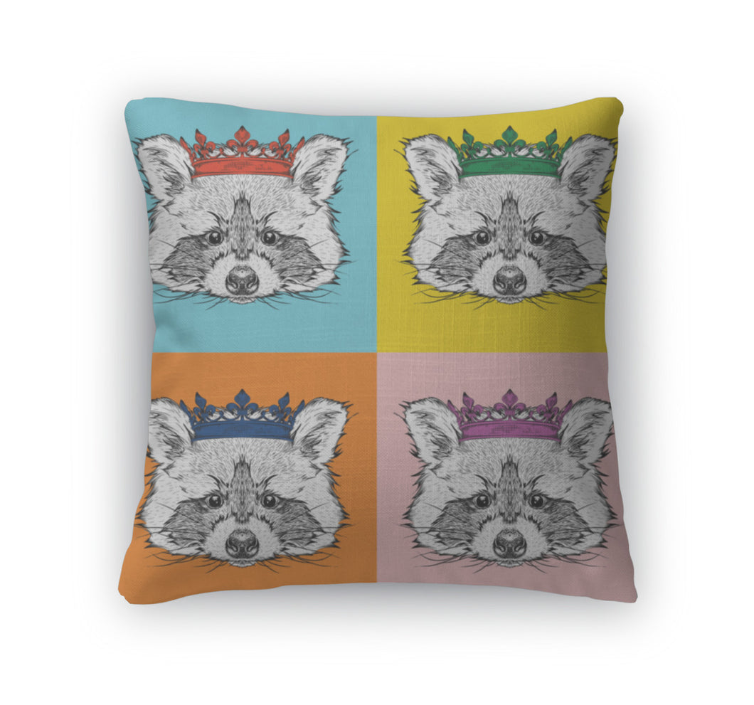 Throw Pillow, Portrait Of Raccoon With The Crown Pop Art Style Illustration