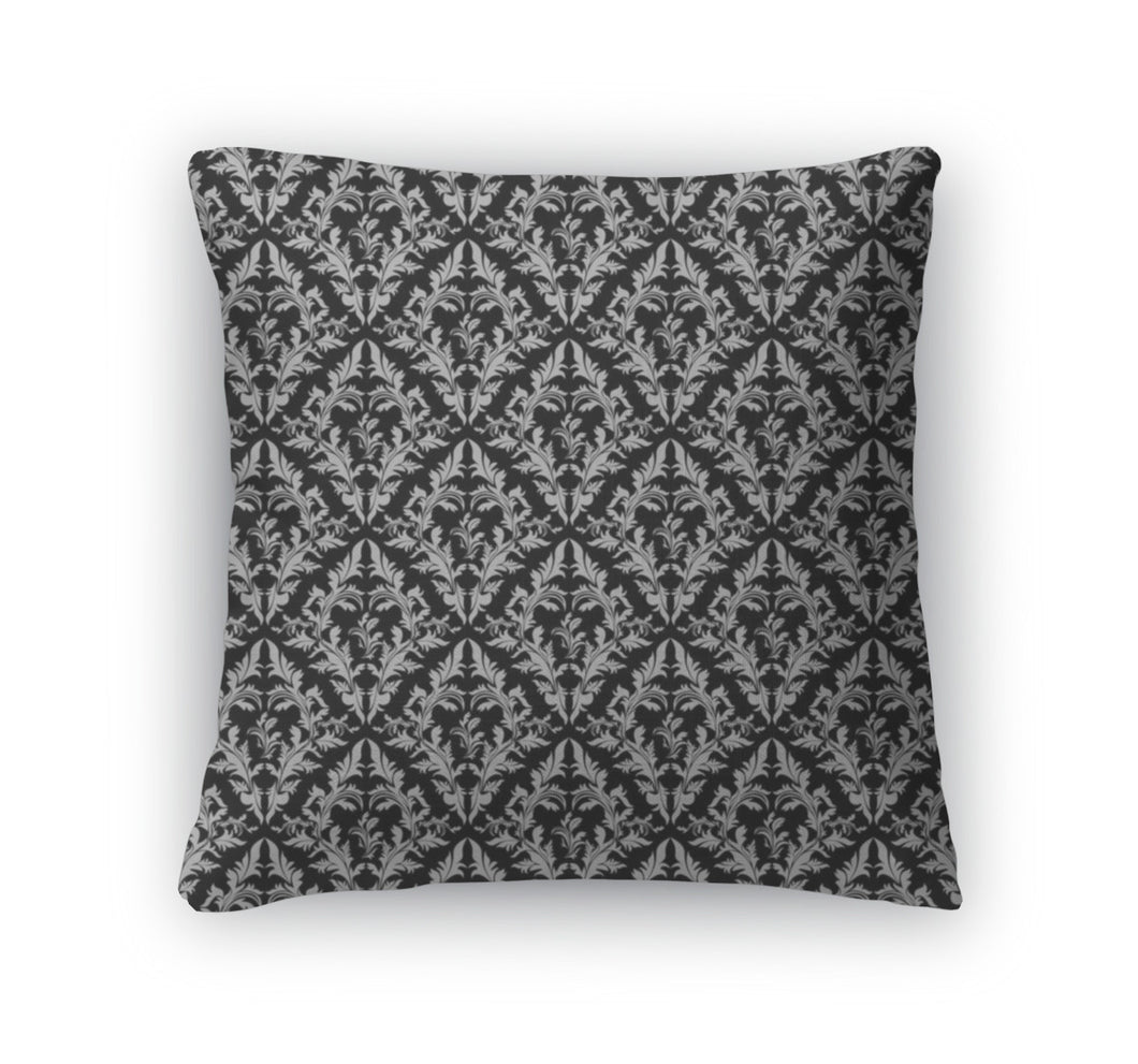 Throw Pillow, Retro Floral Wallpaper Gray Ornament On Black