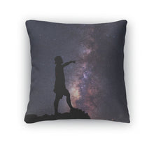 Load image into Gallery viewer, Throw Pillow, Starcatcher Person Standing Next The Milky Way Galaxy Pointing Star