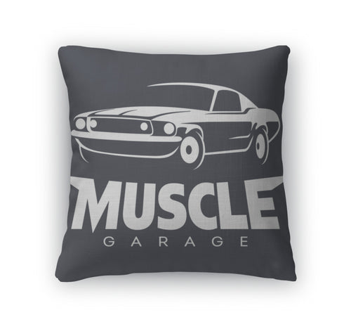 Throw Pillow, Muscle Car Garage Logo White