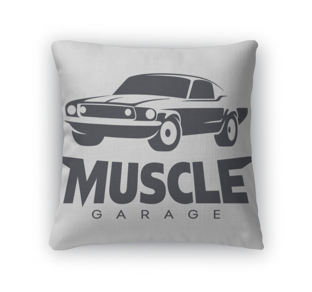 Throw Pillow, Muscle Car Garage Logo Black