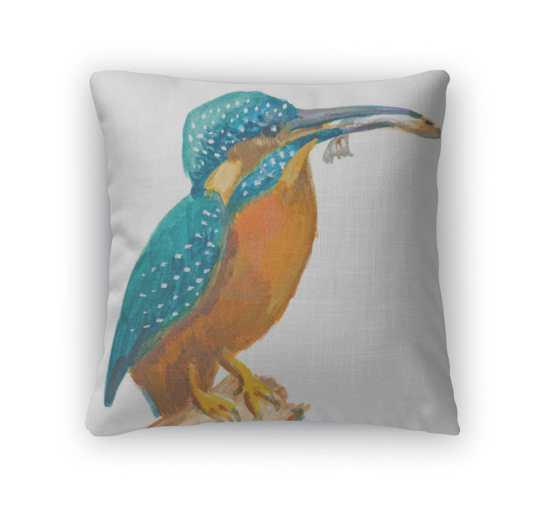 Throw Pillow, An Hand Painted Illustration On White Bird Common Kingfisher