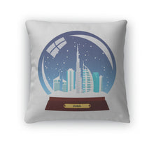 Load image into Gallery viewer, Throw Pillow, Snow Globe City Dubai In Snow Globe Winter Travel Illustration