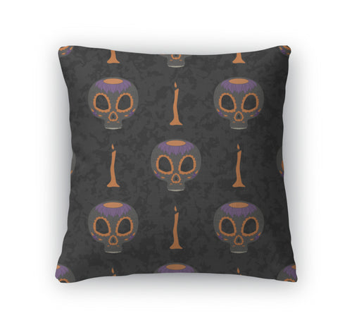 Throw Pillow, Dia De Muertos Cartoon Skull Ornate Day The Dead Pattern