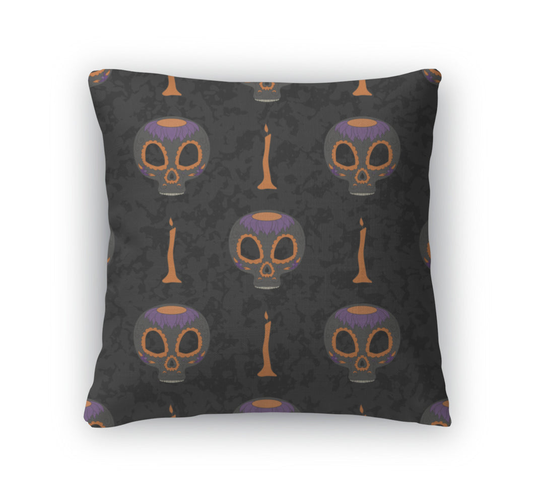 Throw Pillow, Dia De Muertos Cartoon Skull Ornate Day The Dead Pattern