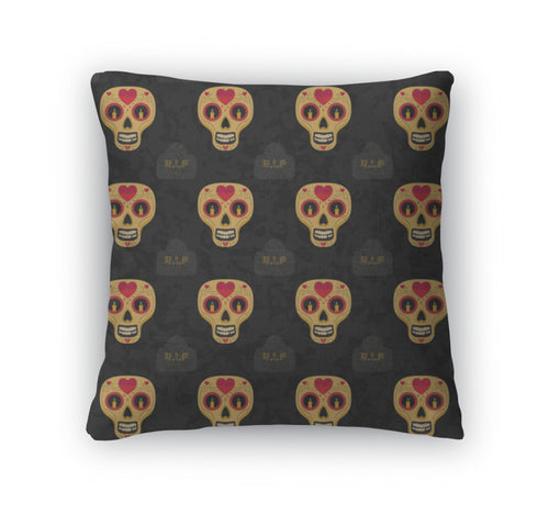 Throw Pillow, Dia De Muertos Cartoon Skull Ornate Day The Dead Pattern