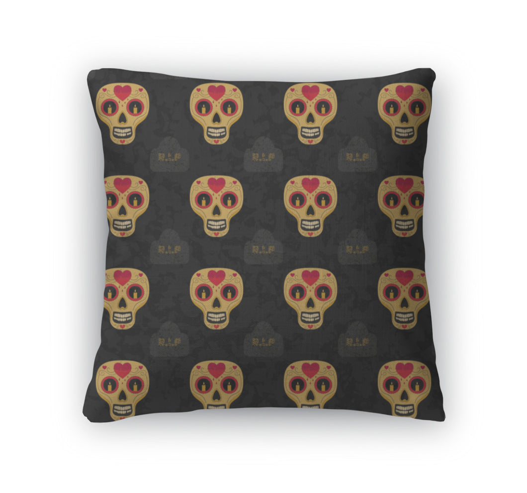 Throw Pillow, Dia De Muertos Cartoon Skull Ornate Day The Dead Pattern
