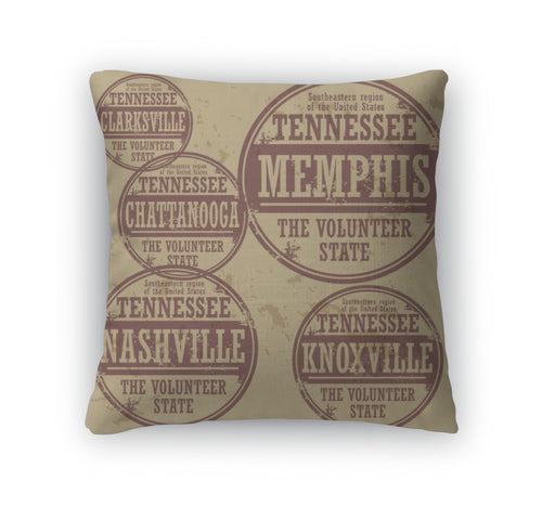 Throw Pillow, Grunge Rubber Stamp Set With Names Of Tennessee Cities