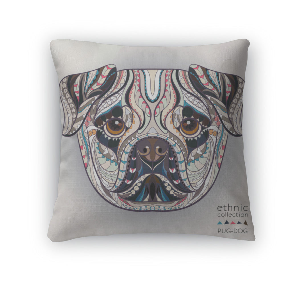 Throw Pillow, Ethnic Patterned Head Of Pugdog
