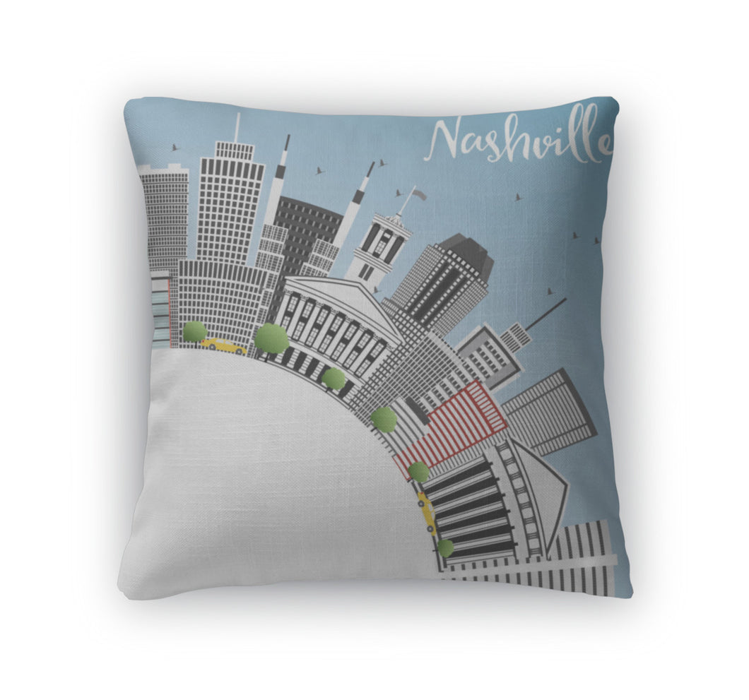 Throw Pillow, Nashville Skyline With Gray Buildings Blue Sky And Copy Space