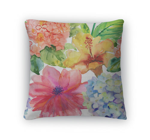 Throw Pillow, Abstract Watercolor Hand Painted S With Magnolia Hibiscus And Orchid