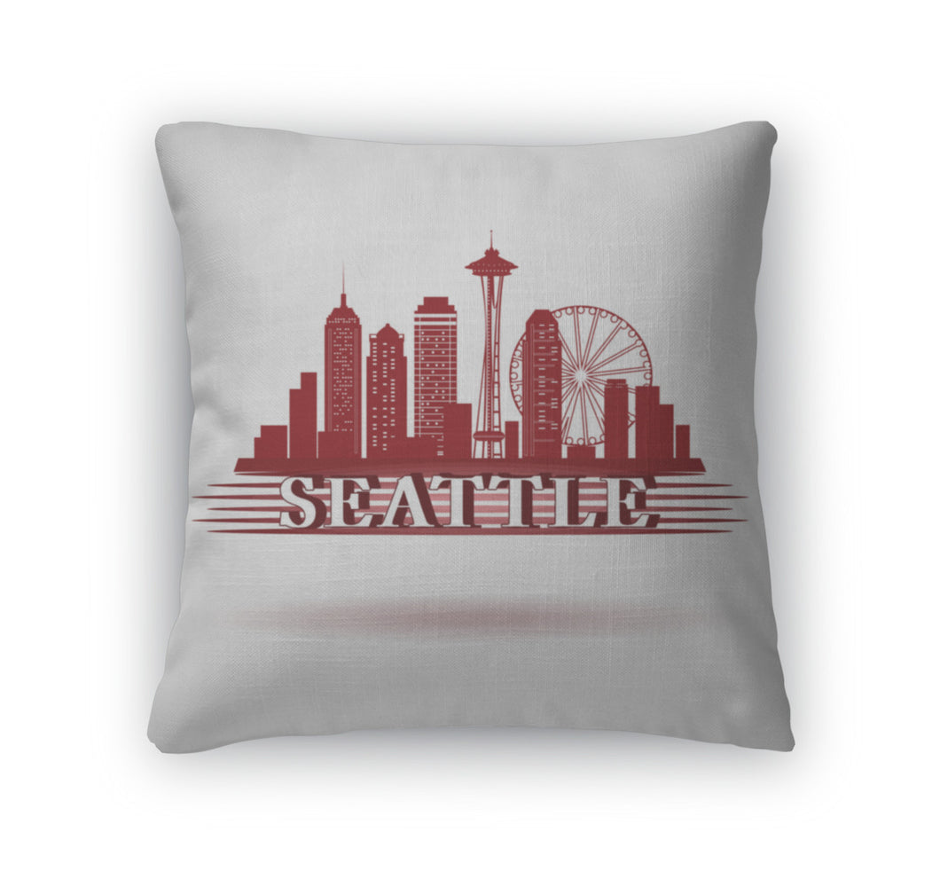 Throw Pillow, Detailed Seattle City Skyline Design Red Silhouette USA