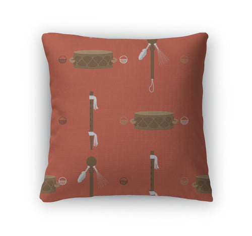 Throw Pillow, Pattern With Bright Orange American Native Indians Musical Instruments As Quena