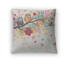 Load image into Gallery viewer, Throw Pillow, Funny Cartoon Illustration Trendy Card With Owls Sitting On The Brunches