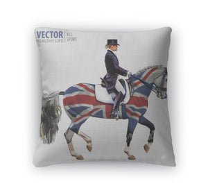 Throw Pillow, Equestrian Sport Horsewoman Jockey In Uniform Riding Horse Outdoors Dressage