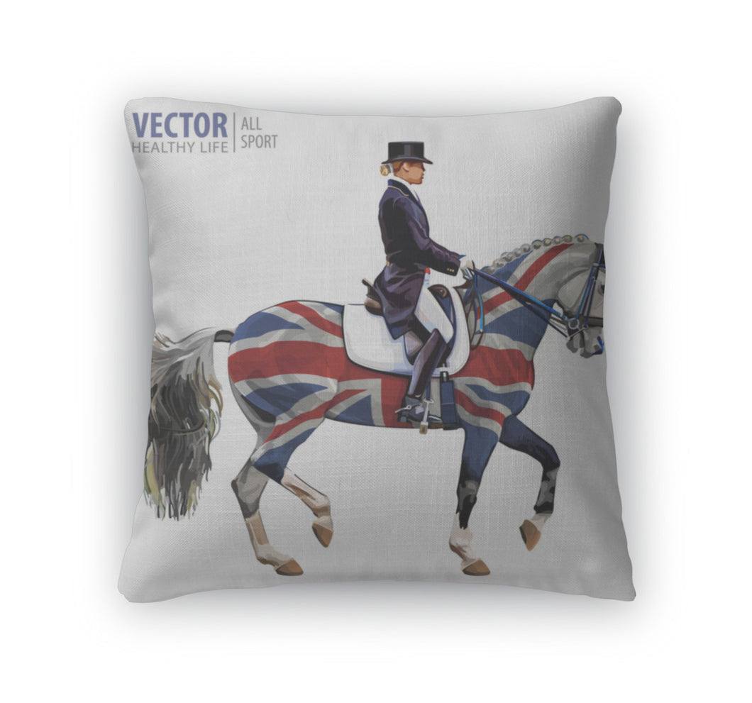 Throw Pillow, Equestrian Sport Horsewoman Jockey In Uniform Riding Horse Outdoors Dressage