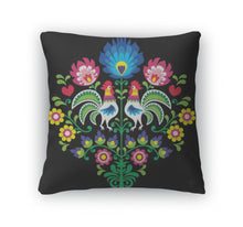 Load image into Gallery viewer, Throw Pillow, Polish Folk Pattern With Roosters Floral Design Wzory Lowickie Wycinanka On