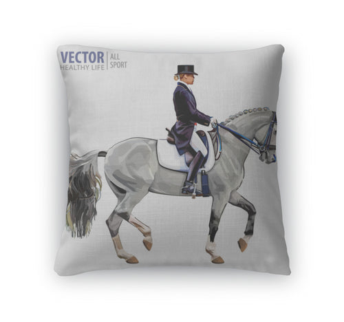 Throw Pillow, Equestrian Sport Horsewoman Jockey In Uniform Riding Horse Outdoors Dressage