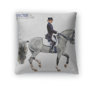 Throw Pillow, Equestrian Sport Horsewoman Jockey In Uniform Riding Horse Outdoors Dressage