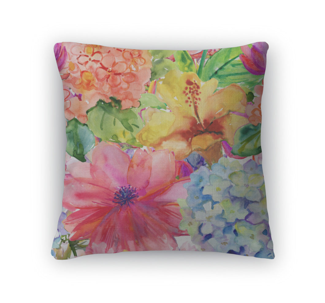 Throw Pillow, Abstract Watercolor Hand Painted S With Magnolia Hibiscus And Orchid