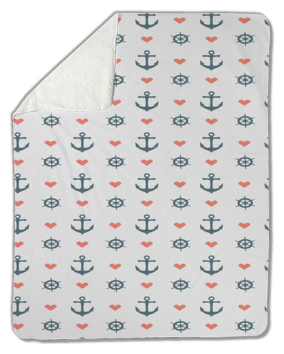 Blanket, Nautical pattern with red heart anchors and ship wheels