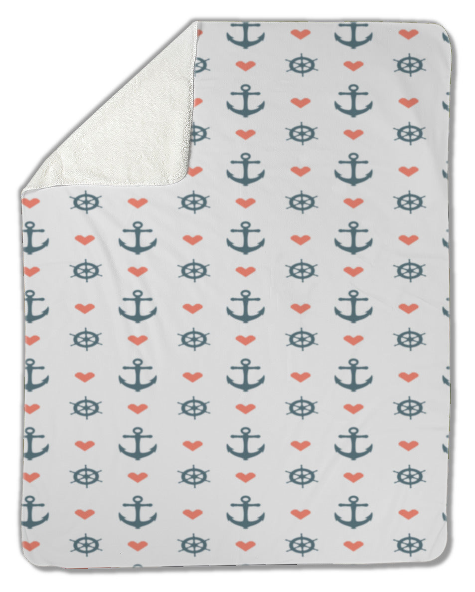 Blanket, Nautical pattern with red heart anchors and ship wheels