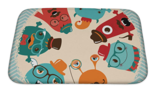 Bath Mat, Hipster Retro Monsters Card Design