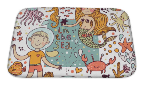 Bath Mat, Funny Color Pattern With Sea Live