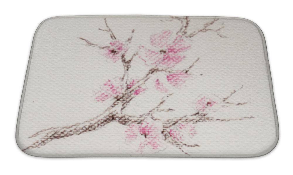 Bath Mat, Watercolor Branch Of Cherry Blossoms