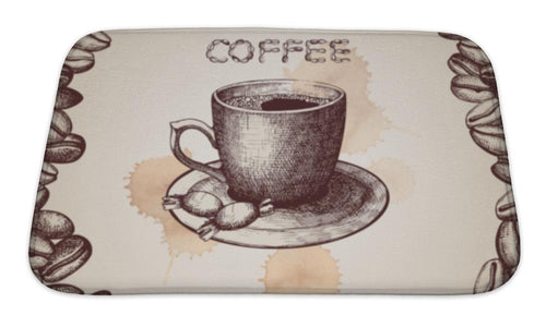 Bath Mat, Hand Drawn Coffee Cup Illustration On Decorative With Coffee Beans Frame