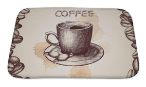 Bath Mat, Hand Drawn Coffee Cup Illustration On Decorative With Coffee Beans Frame