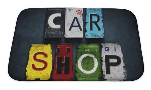 Bath Mat, Car Shop Word On Vintage License Plates Concept Sign