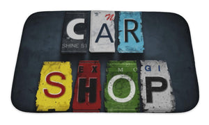 Bath Mat, Car Shop Word On Vintage License Plates Concept Sign