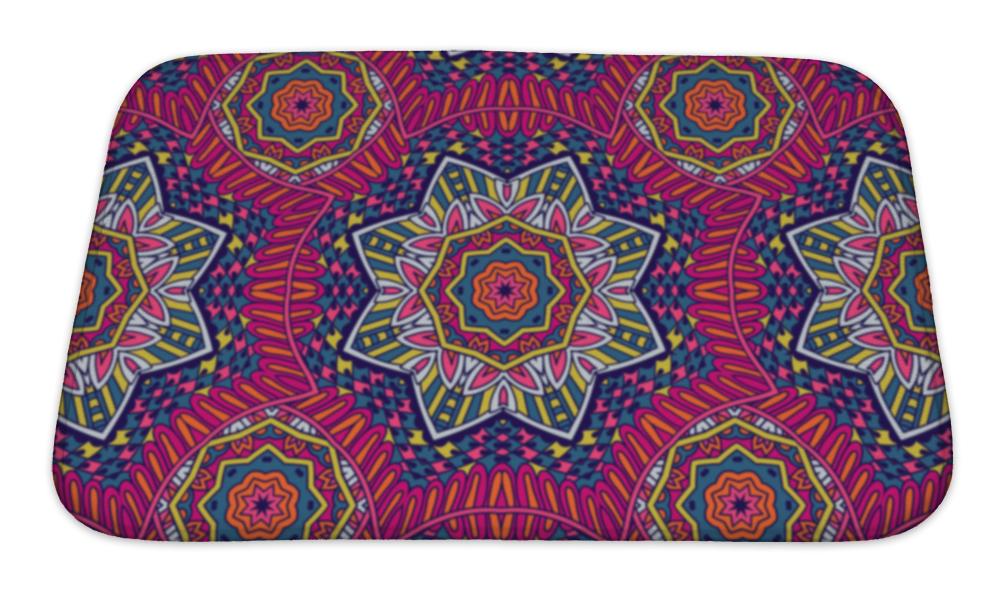 Bath Mat, Abstract Festive Colorful Grunge Ethnic Tribal Pattern