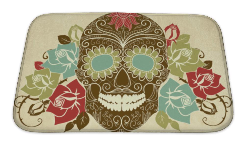 Bath Mat, Skull And Roses Colorful Day Of The Dead Card