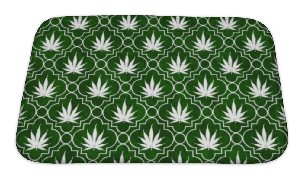 Bath Mat, Green And White Marijuana Leaf Pattern Repeat
