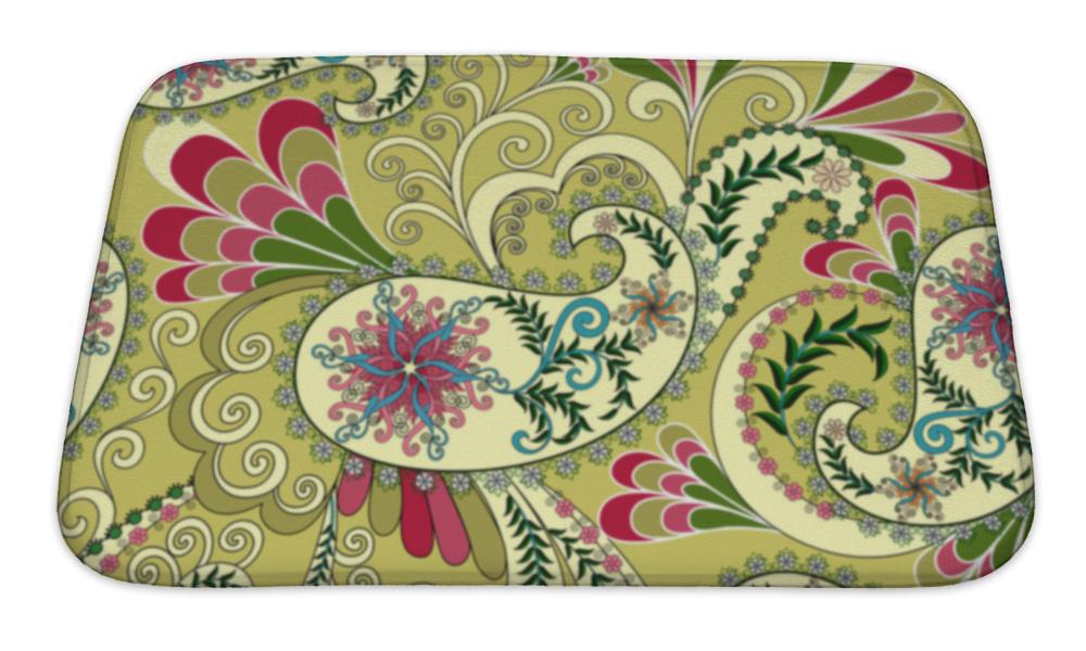 Bath Mat, Light Yellow Paisley Decorated With Leaves And Flowers