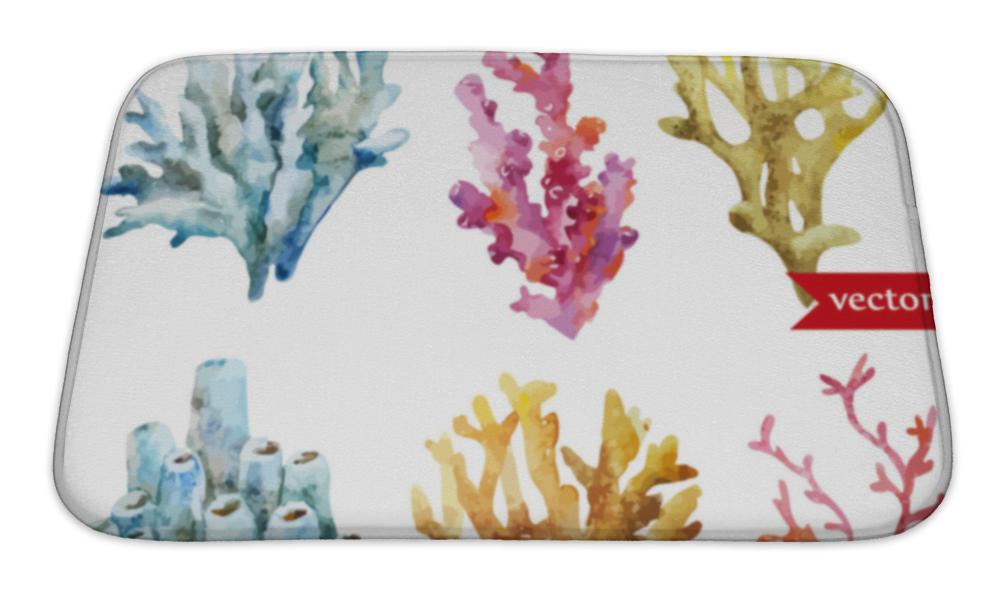 Bath Mat, Watercolor Corals Set And Ocean Sponge