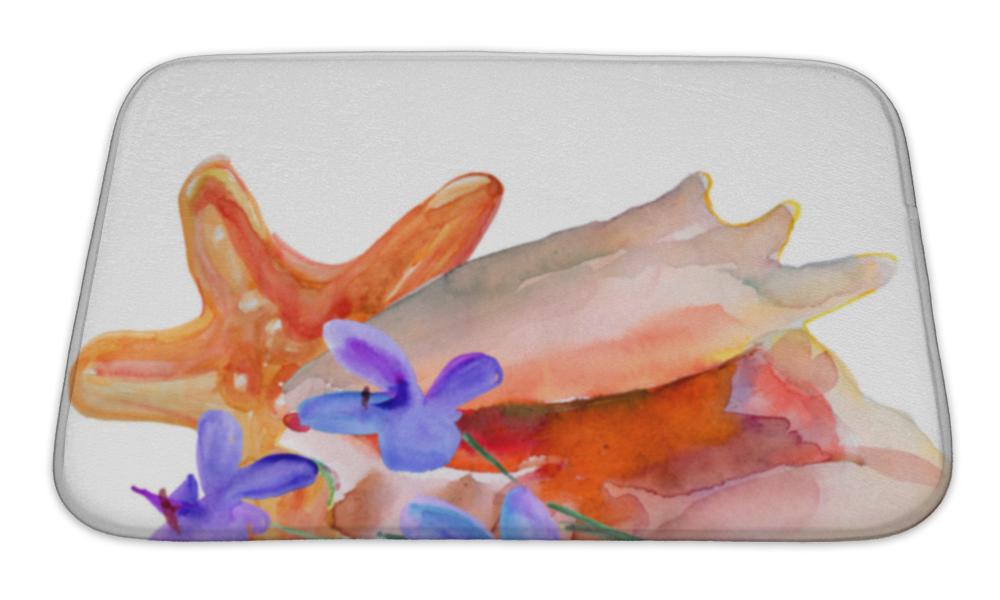Bath Mat, Sea Shell Sea Star And Orchid Flowers